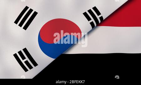 Zwei Staaten Flaggen von Südkorea und Jemen. Qualitativ hochwertiger Hintergrund. 3d-Darstellung Stockfoto