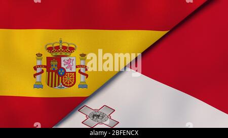 Zwei Staaten Flaggen von Spanien und Malta. Qualitativ hochwertiger Hintergrund. 3d-Darstellung Stockfoto