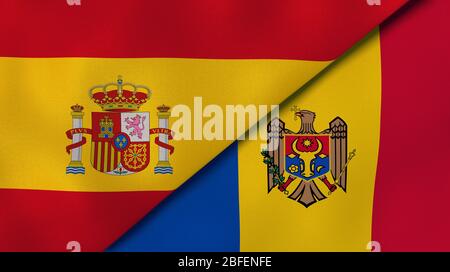 Zwei Staaten Flaggen von Spanien und Moldawien. Qualitativ hochwertiger Hintergrund. 3d-Darstellung Stockfoto