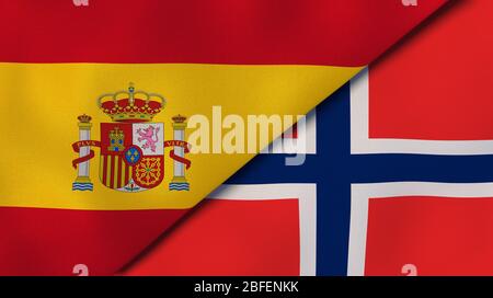 Zwei Staatsflaggen von Spanien und Norwegen. Qualitativ hochwertiger Hintergrund. 3d-Darstellung Stockfoto