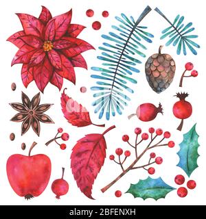 Frohe Weihnachten und ein glückliches neues Jahr Aquarell floralen Elemente gesetzt Stockfoto