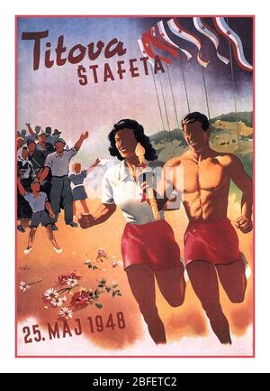 TITOVA Staat JUGOSLAWIEN Vintage Jugend Feststaffelrennen "der Staffelrennen der Jugend" 1948 (bosnisch, kroatisch, serbisch und slowenisch Štafeta mladosti, war ein symbolischer Staffelrennen, der jedes Jahr in der Sozialistischen Föderativen Republik Jugoslawien stattfindet. Die Staffel trug einen Staffelstab mit einem Geburtstagsversprechen an Josip Broz Tito, angeblich von allen jungen Leuten Jugoslawiens. Mai 1948 Stockfoto