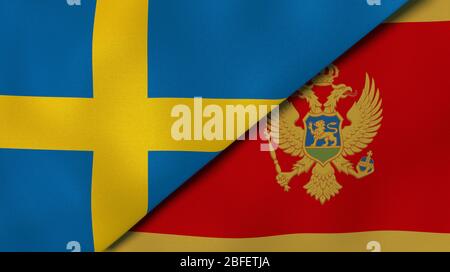 Zwei Staatsflaggen von Schweden und Montenegro. Qualitativ hochwertiger Hintergrund. 3d-Darstellung Stockfoto