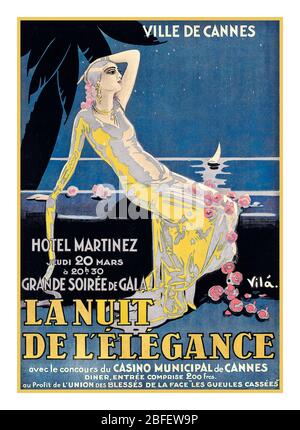 VILA Vintage Tanz Art Deco Poster LA NUIT DE L'ÉLÉGANCE, CANNES von Emilio Vila i Gorgoll Lithographie in Farbe, 1928, gedruckt von J.Robillon, Paris, Emili Vilà i Gorgoll (1887-1967) -ville de Cannes. La Nuit de l'Élégance, 1928. Imp. J. Robillon, Paris Dieses Plakat für Paris und Nizza wurde gemacht, um einen Tanz zu fördern, um Geld für die Verletzten im Ersten Weltkrieg zu sammeln. [Emilio Vilà] Stockfoto
