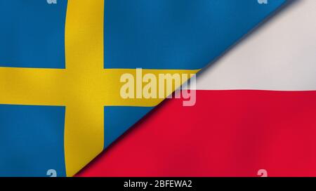 Zwei Staatsflaggen von Schweden und Polen. Qualitativ hochwertiger Hintergrund. 3d-Darstellung Stockfoto