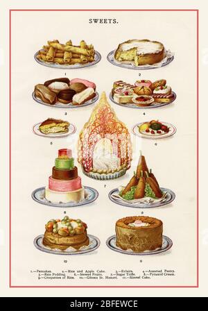 Mrs Beetons Süßigkeiten 1800 VIKTORIANISCHEN SÜSSIGKEITEN DESSERTS PUDDINGS GELEES PFANNKUCHEN ECLAIRS GEBÄCK REIS PUDDING ZUCKER TRIFLE TORTE 1800 's Mrs Beeton's Jellies Cremes und süße Gerichte Lithographie Seitenillustration, aus Book of Household Management 1880 Puddings Desserts Stockfoto