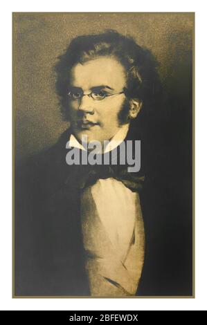 SCHUBERT Vintage Archiv Farbfoto realistische Sepia Zeichnung Franz Schubert. Studio Porträt des österreichischen Komponisten Franz Peter Schubert (1797-1828). Franz Peter Schubert war ein österreichischer Komponist der Spätklassik und der frühen Romantik. Trotz seiner kurzen Lebenszeit hinterließ Schubert ein umfangreiches Werk, das über 600 weltliche Vokalwerke, sieben komplette Sinfonien, Kirchenmusik, Opern, Bühnenmusik und ein großes Korpus an Klavier und Kammermusik umfasst. Stockfoto