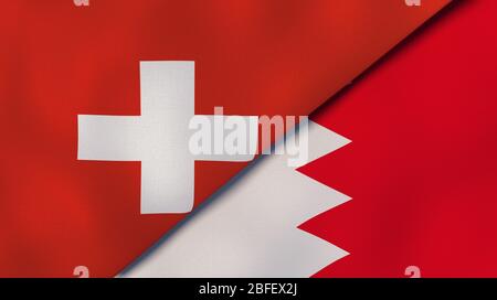 Zwei Staatsflaggen der Schweiz und Bahrain. Qualitativ hochwertiger Hintergrund. 3d-Darstellung Stockfoto