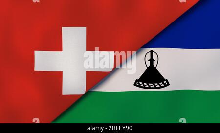 Zwei Staatsflaggen der Schweiz und Lesotho. Qualitativ hochwertiger Hintergrund. 3d-Darstellung Stockfoto