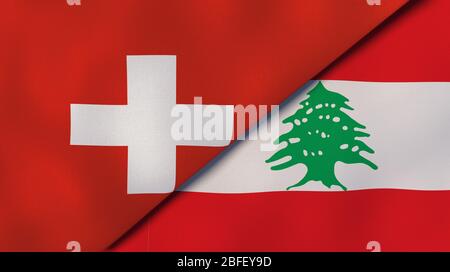 Zwei Staatsflaggen der Schweiz und des Libanon. Qualitativ hochwertiger Hintergrund. 3d-Darstellung Stockfoto