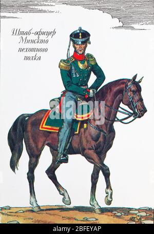 Der Stabsoffizier des Minsker Infanterieregiments, 1812, die Uniform der russischen Armee des 19. Jahrhunderts, Russland Stockfoto