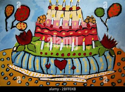 Geburtstag lustige bunte Kuchen für Kind, Gouache Illustration Stockfoto