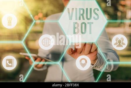 Schreiben Hinweis Übersicht Virus Bot. Business Konzept für böswillige selfpropagating Malware einen Wirt zu infizieren. Stockfoto