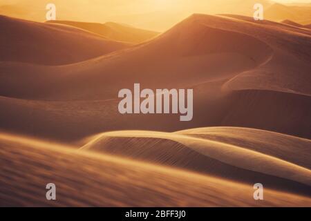 Sanddünen in Wüstenlandschaft bei schönem Sonnenuntergang. Abu Dhabi, Vereinigte Arabische Emirate Stockfoto