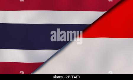 Zwei Staatsflaggen von Thailand und Indonesien. Qualitativ hochwertiger Hintergrund. 3d-Darstellung Stockfoto