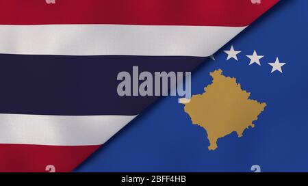 Zwei Staatsflaggen von Thailand und Kosovo. Qualitativ hochwertiger Hintergrund. 3d-Darstellung Stockfoto