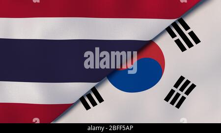 Zwei Staatsflaggen von Thailand und Südkorea. Qualitativ hochwertiger Hintergrund. 3d-Darstellung Stockfoto