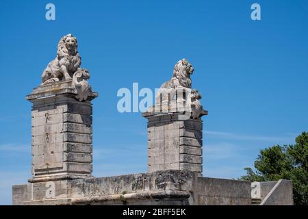 Löwenstatuen am Eingang zur Brücke der Löwen alias Pont aux Lions in Arles, Frankreich, Europa Stockfoto