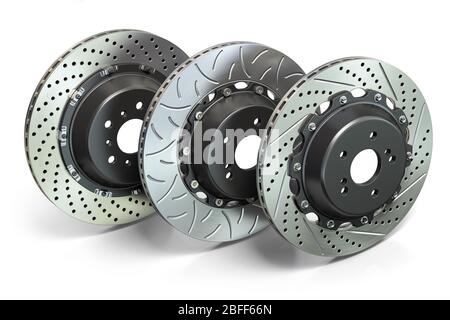 Gebohrte und geschlitzte Bremsscheiben in einer Reihe. Verschiedene Arten von Bremsscheiben. 3d-Darstellung Stockfoto