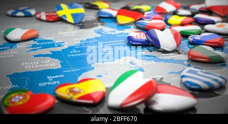 Karte von Europa und Herzen mit Flaggen der europäischen Länder. Reisen und Tourismus nach EU-Konzept. 3d-Darstellung Stockfoto