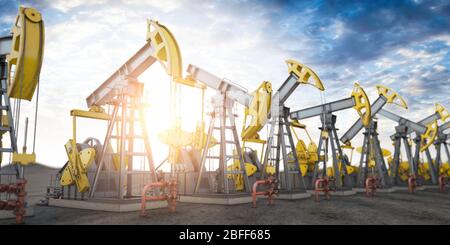 Ölpumpenheber irn A Reihe. Konzept der Ölproduktion und -Gewinnung. 3d-Darstellung Stockfoto