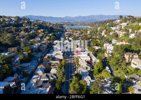 Luftaufnahme über dem trendigen Silver Lake Viertel in Los Angeles, Kalifornien Stockfoto