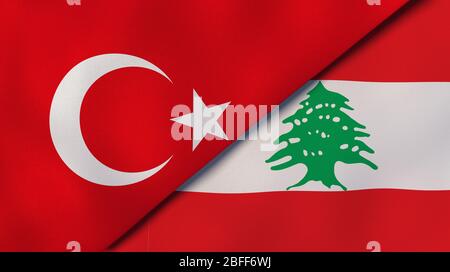 Zwei Staatsflaggen der Türkei und des Libanon. Qualitativ hochwertiger Hintergrund. 3d-Darstellung Stockfoto