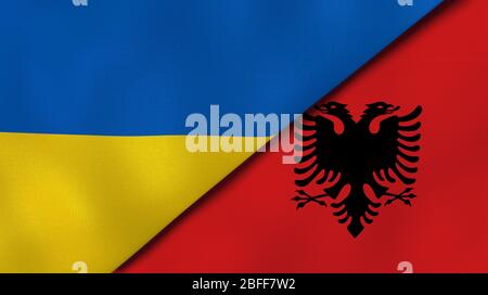 Zwei Staatsflaggen der Ukraine und Albaniens. Hochwertiger Geschäftshintergrund. 3d-Illustration Stockfoto