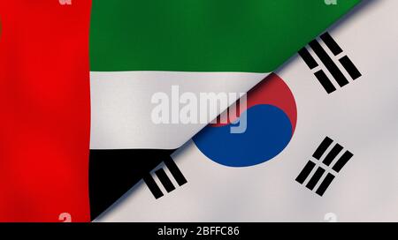 Zwei Staaten Flaggen der Vereinigten Arabischen Emirate und Südkorea. Qualitativ hochwertiger Hintergrund. 3d-Darstellung Stockfoto