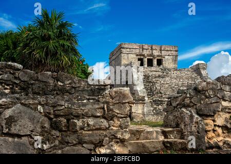 Ruinen des Maya-Tempelgeländes in Tulum, Quintana Roo, Yucatan, Mexiko. Tulum ist der Ort einer präkolumbianischen Maya ummauerten Stadt, die als ma diente Stockfoto