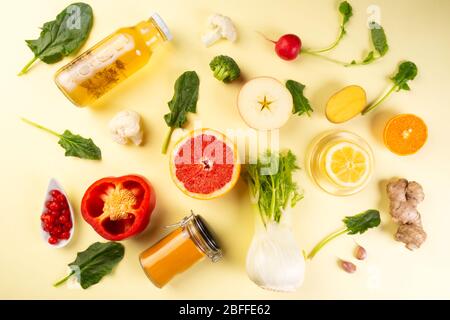 Zutaten für die Herstellung Immunität Steigerung, Gesundheit Lebensmittel Auswahl reich an Antioxidantien, Mineralien, Vitamine, sauberes Essen Konzept, selektive Fokus Stockfoto