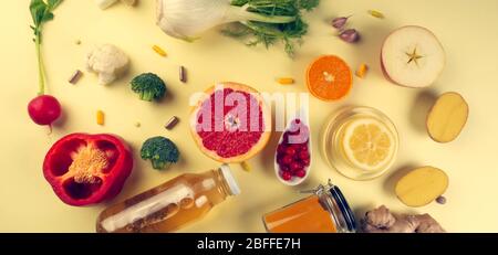 Zutaten für die Herstellung Immunität Steigerung, Gesundheit Lebensmittel Auswahl reich an Antioxidantien, Mineralien, Vitamine, sauberes Essen Konzept, selektive Fokus Stockfoto
