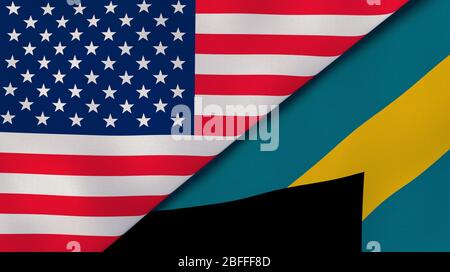 Zwei US-amerikanische Flaggen und Bahamas. Qualitativ hochwertiger Hintergrund. 3d-Darstellung Stockfoto