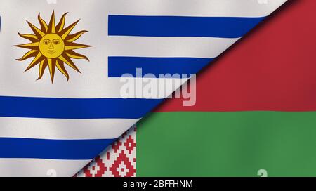 Zwei Staaten Flaggen von Uruguay und Belarus. Qualitativ hochwertiger Hintergrund. 3d-Darstellung Stockfoto