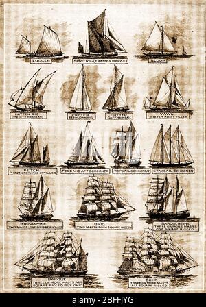 Eine 1940er-Illustration zeigt die Typen und Rigs verschiedener Arten von Segelschiffen / Booten Stockfoto