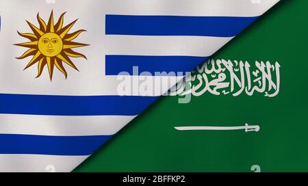 Zwei Staatsflaggen von Uruguay und Saudi-Arabien. Qualitativ hochwertiger Hintergrund. 3d-Darstellung Stockfoto