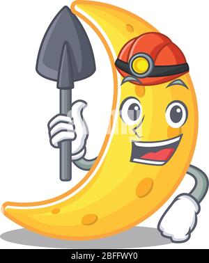 Crescent moon Miner Cartoon Design Konzept mit Werkzeug und Helm Stock Vektor