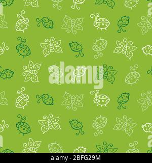 Vektor grün monochrome Bugs und Schmetterling Doodle wiederholen Muster. Geeignet für Textil, Geschenkpapier und Tapete. Stock Vektor