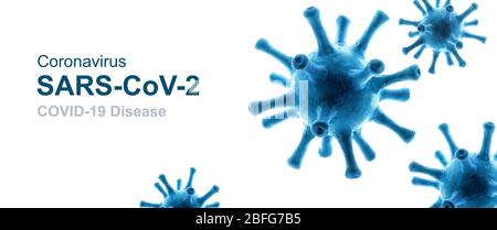 COVID-19 Coronavirus Hintergrund, 3d-Abbildung, Erreger Keime auf weißem Hintergrund isoliert. Neuartiger globaler Ausbruch des SARS-CoV-2 Corona-Virus. Panorama Stockfoto