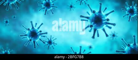 Coronavirus oder Grippe-Virus Banner, 3d-Abbildung, mikroskopische Ansicht des Erregers SARS-CoV-2 Corona-Virus in der Zelle auf blauem Hintergrund. Konzept der Wissenschaft, Stockfoto