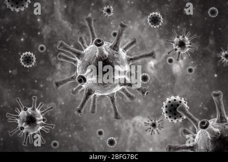 COVID-19 Coronavirus oder Grippevirus Hintergrund, 3d-Abbildung, mikroskopische Ansicht des SARS-CoV-2 Corona Virus in der Zelle. Konzept der wissenschaftlichen Virologie, COVID Stockfoto