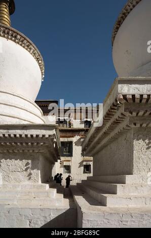 Pilger, die die heilige Umrundung von Kürzungen (Stupas) im Tashilhumpo Kloster, Shigatse, Tibet durchführen Stockfoto