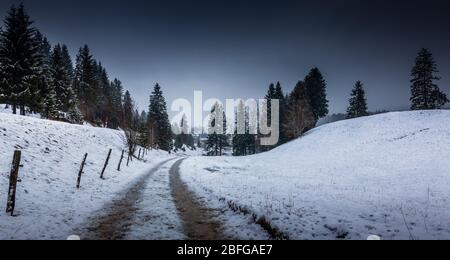 Winterstraße in der Schweiz, in der Nähe von Montreux Stockfoto