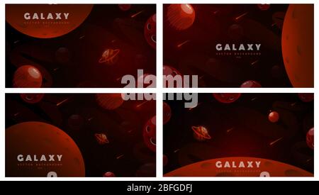 Set von horizontalen Raum Hintergründe mit abstrakter Form und Planeten. Webdesign. Weltraumerkundeten. Vektordarstellung der Galaxie. Konzept des Web-Banners Stock Vektor