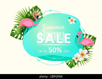 Sommer Sale Flüssigkeit bunten Banner. Etiketten mit tropischen Blättern, Blütenplumeria, Flamingo, flüssiger geometrischer Form. Vorlage für Poster, Web Stock Vektor