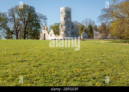 Eine gotische Ruine in Wimpole Hall, Cambridgeshire, England. Stockfoto