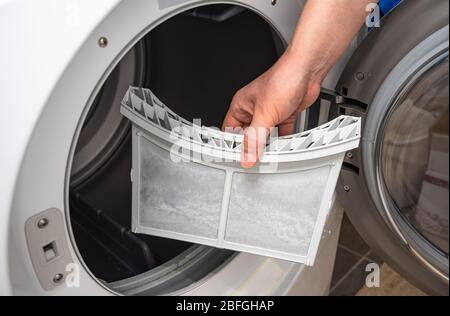 Staub und Schmutz, der vom Filter des Wäschetrockners eingeschlossen ist. Stockfoto