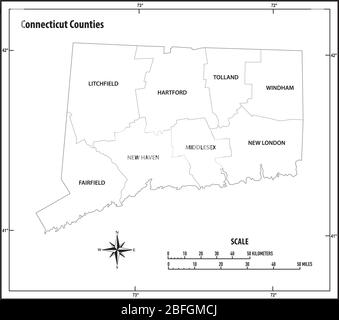 connecticut State skizzieren administrative und politische Vektor-Karte in schwarz und weiß Stock Vektor