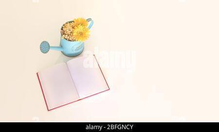 Buch mit leeren Seiten auf einer Tablette mit einer Gießkanne mit Blumen in der Nähe geöffnet. Flach legen Foto mit Kopierbereich. Stockfoto