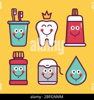 Zahnhygiene für Kinder - Icons Glas mit Pinsel, King Zähne, Zahnpasta, Lotion, Zahnseide, Wasser Stock Vektor